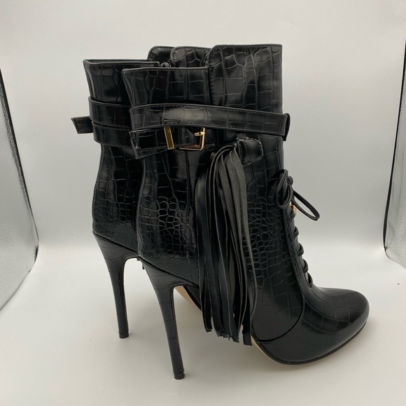 FSJ Shoes - Lace Up Black Stilleto Bootie with tassel Black